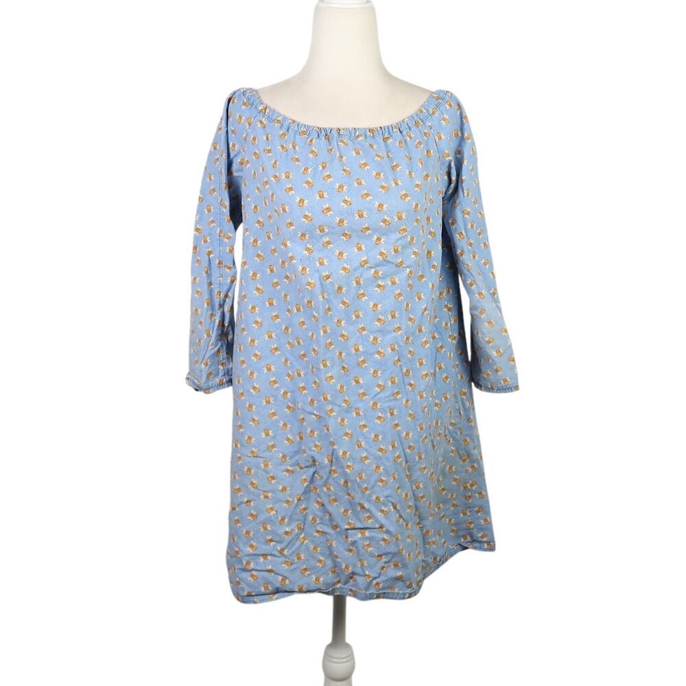 Vintage blue and yellow bee print off-the-shoulder mini dress S